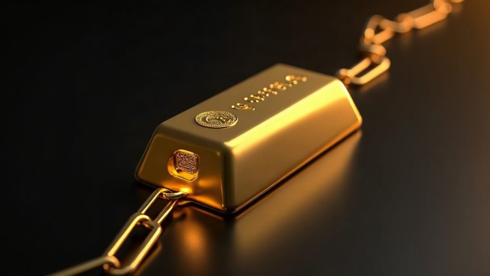 Barra de oro físico junto a token digital sobre cadena blockchain