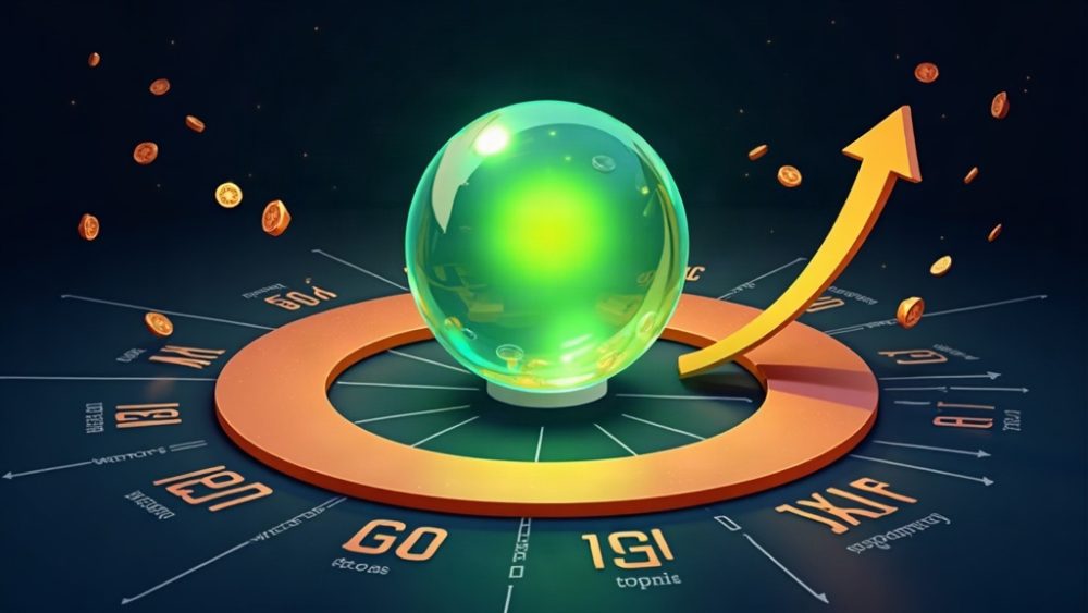 Esfera de cristal sobre gráfico de probabilidades con fichas cayendo
