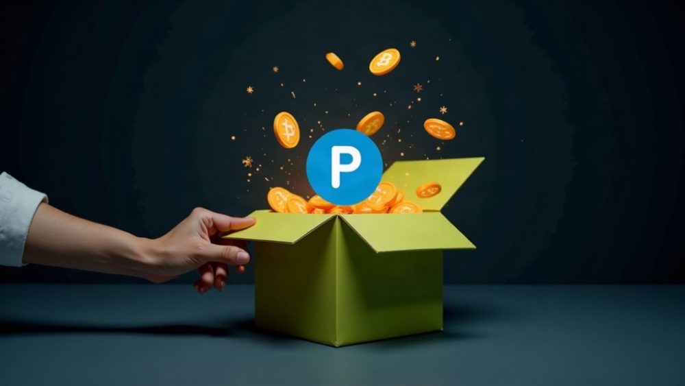 Caja de regalo abierta con logo de Polymarket y tokens cayendo