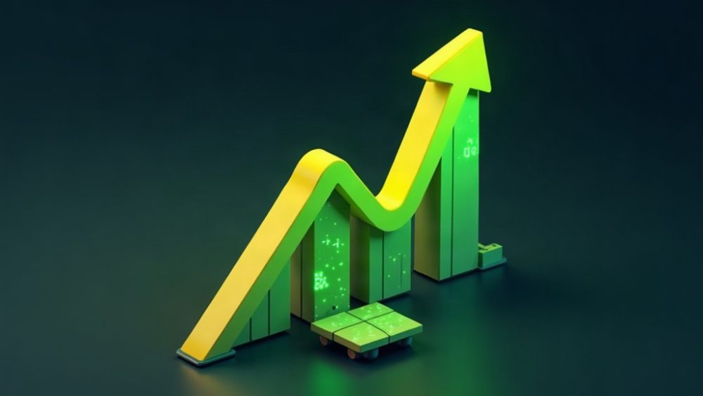 Cohete dorado ascendiendo junto a gráfico de velas verdes mostrando subida del 36,68%