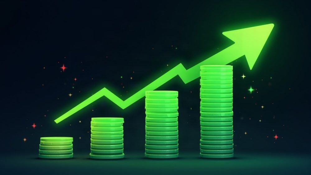 Token PONS con flecha ascendente y gráfico de velas alcistas