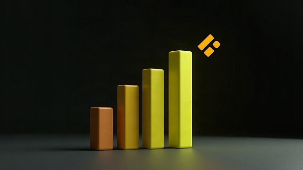 Cohete despegando desde plataforma Binance con barras de volumen como estela