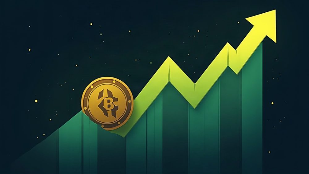 Moneda ascendiendo en gráfico de velas con flecha verde y logo de Binance