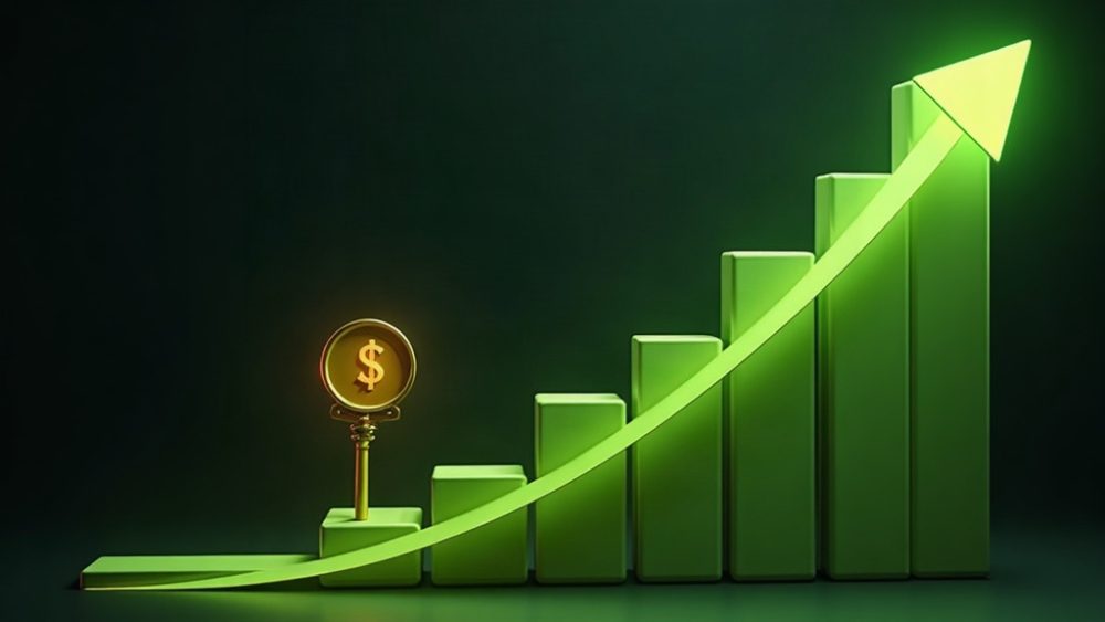 Token PONS ascendiendo sobre gráfico de velas con flecha hacia arriba