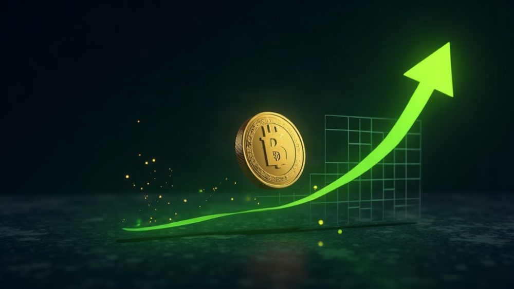 Moneda PONS con flecha ascendente verde y gráfico de velas mostrando subida del 61,75%