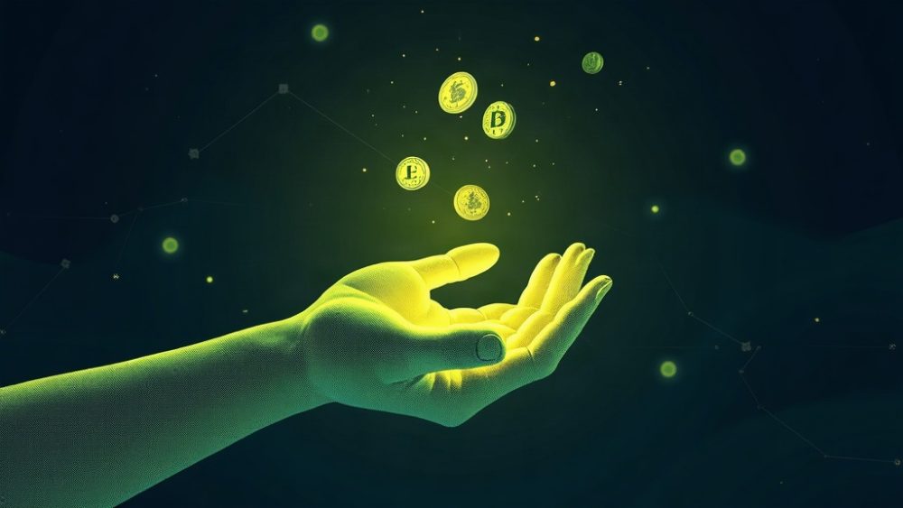 Mano recibiendo tokens digitales con siluetas de estudiantes al fondo