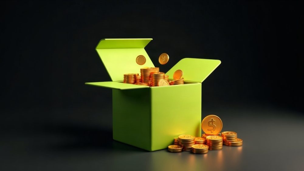 Caja de regalo abierta con fichas de casino y monedas USDT saliendo