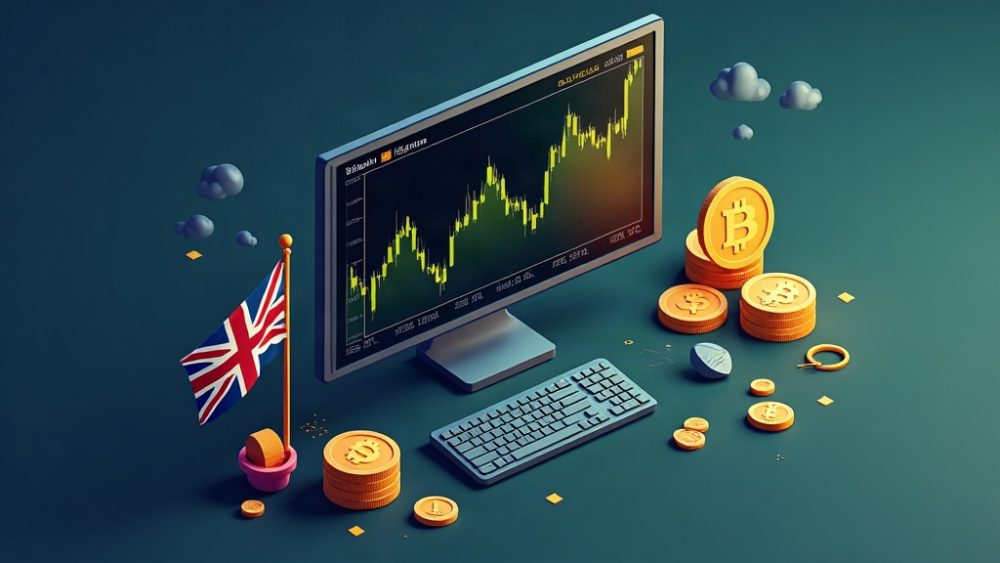 Gráficos de Bitcoin y Ethereum con bandera británica representando acceso regulado en Reino Unido