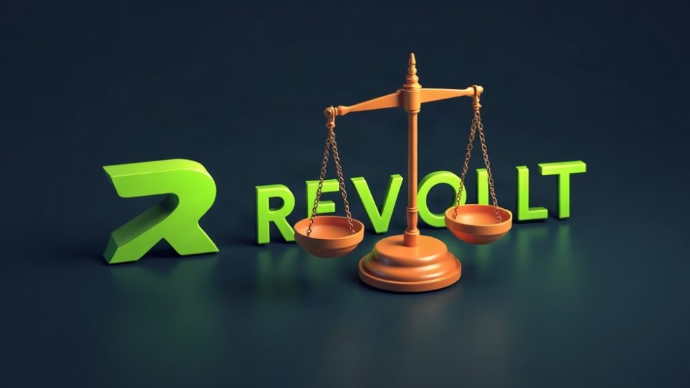 Logo de Revolut junto a balanza de justicia y bandera de Estados Unidos