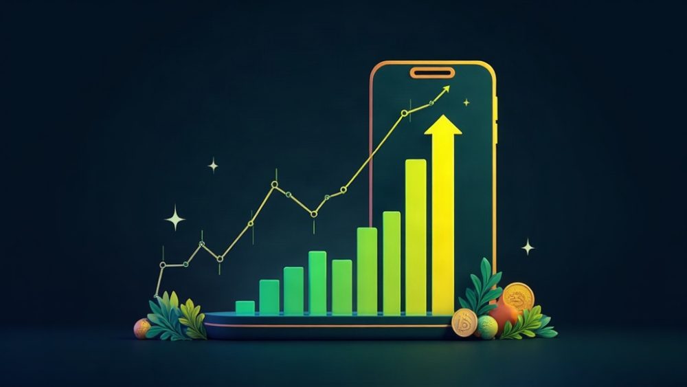 Gráfico de barras ascendente con silueta de smartphone y eslabones de blockchain