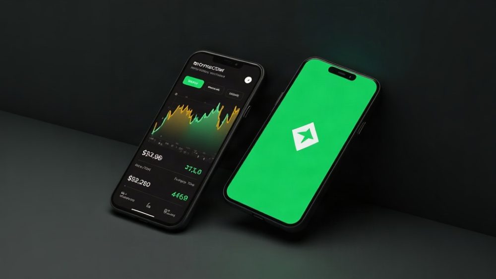 Dos smartphones mostrando las apps de Robinhood y Crypto.com con gráficos de mercado