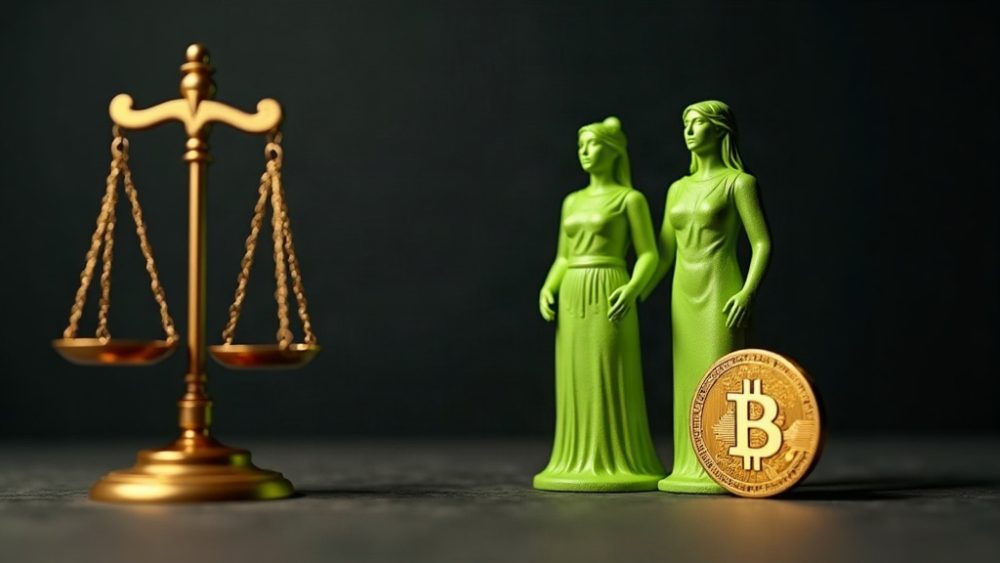 Esposas junto a balanza de justicia y símbolo de Bitcoin