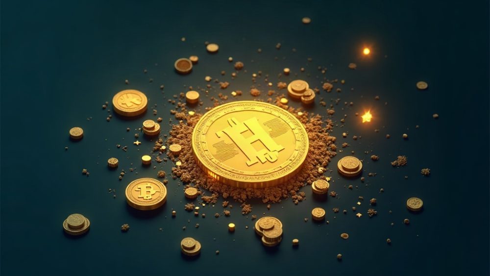 Token fragmentándose con llamas digitales, representando la quema de tokens ROUTE