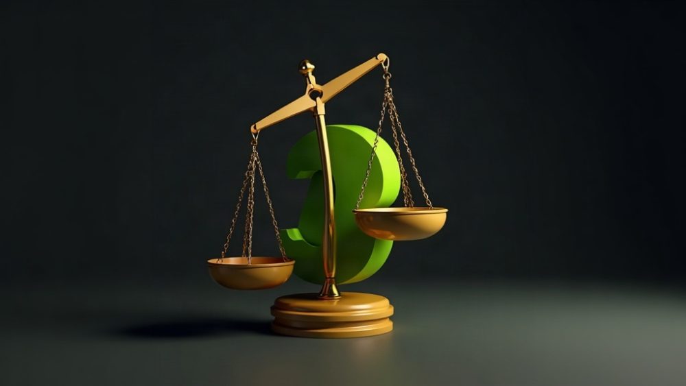 Balanza de justicia con rublo y símbolo cripto representando límites regulatorios