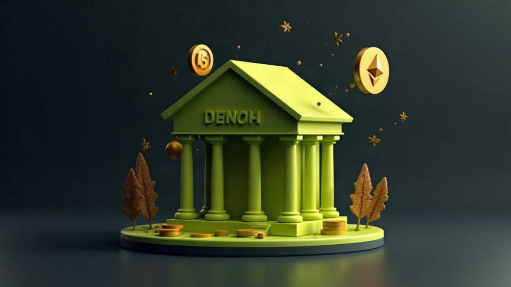 Edificio bancario con símbolo de Ethereum y moneda USDT conectados por blockchain