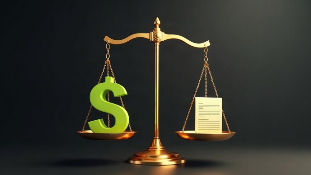 Balanza de justicia con símbolo de stablecoin y documento regulatorio representando nueva licencia en Singapur