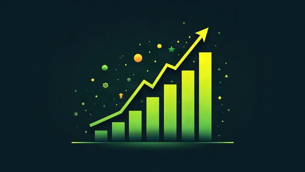 Logo de Solana junto a gráfico de barras ascendente e iconos de dApps