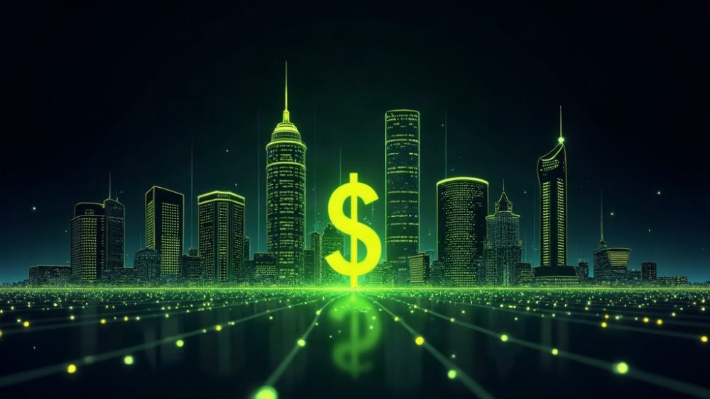 Edificios bancarios conectados por red digital convergiendo en símbolo de stablecoin