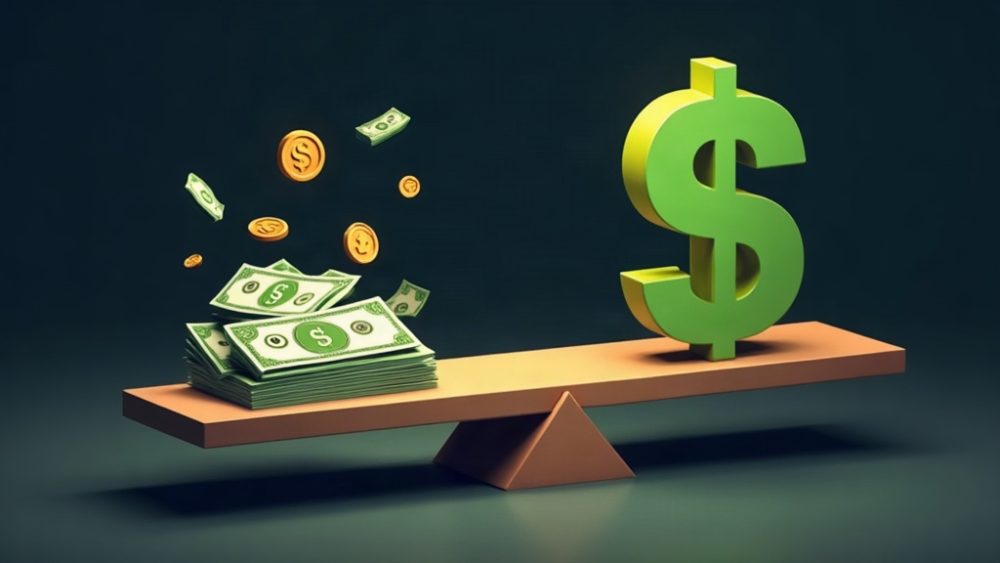 Balanza desequilibrada con símbolo de dólar superando monedas locales y stablecoins
