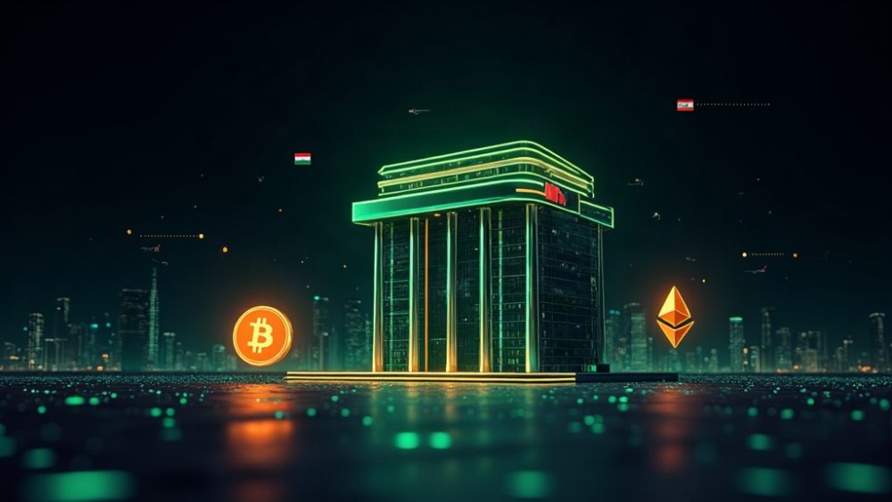 Edificio bancario con banderas de EAU y símbolos de Bitcoin y Ethereum en pantalla de trading