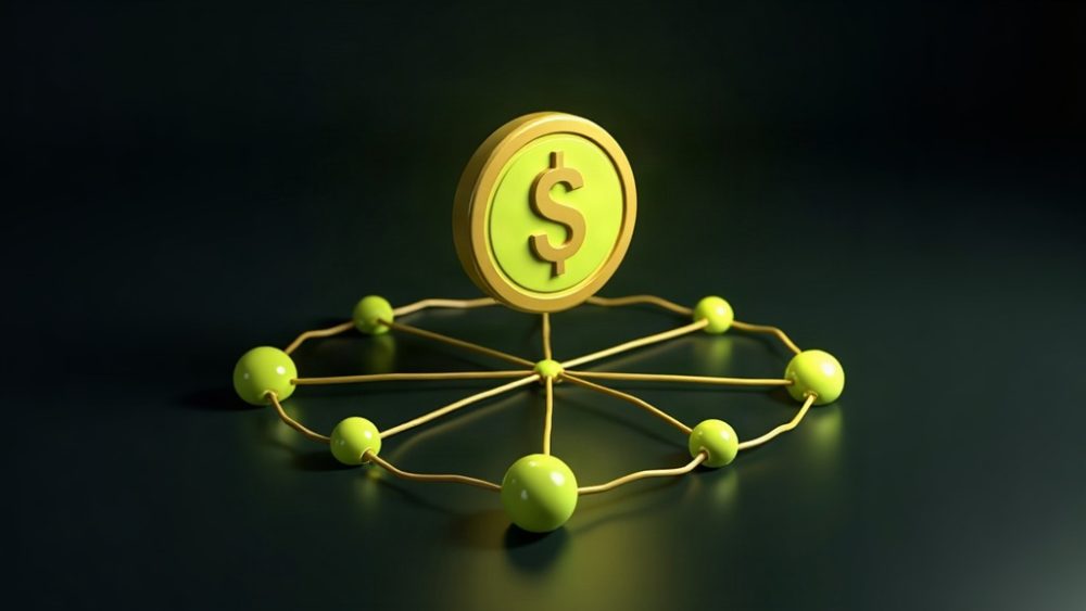 Moneda stablecoin circulando por red de nodos de pago digital