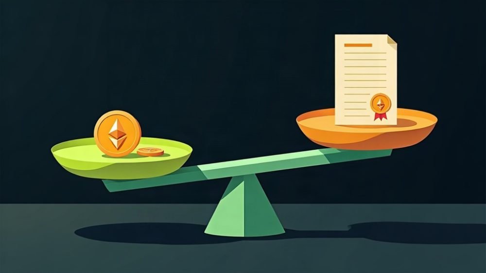 Balanza inclinada con logos de Stellar y Ethereum, junto a documentos de bonos soberanos