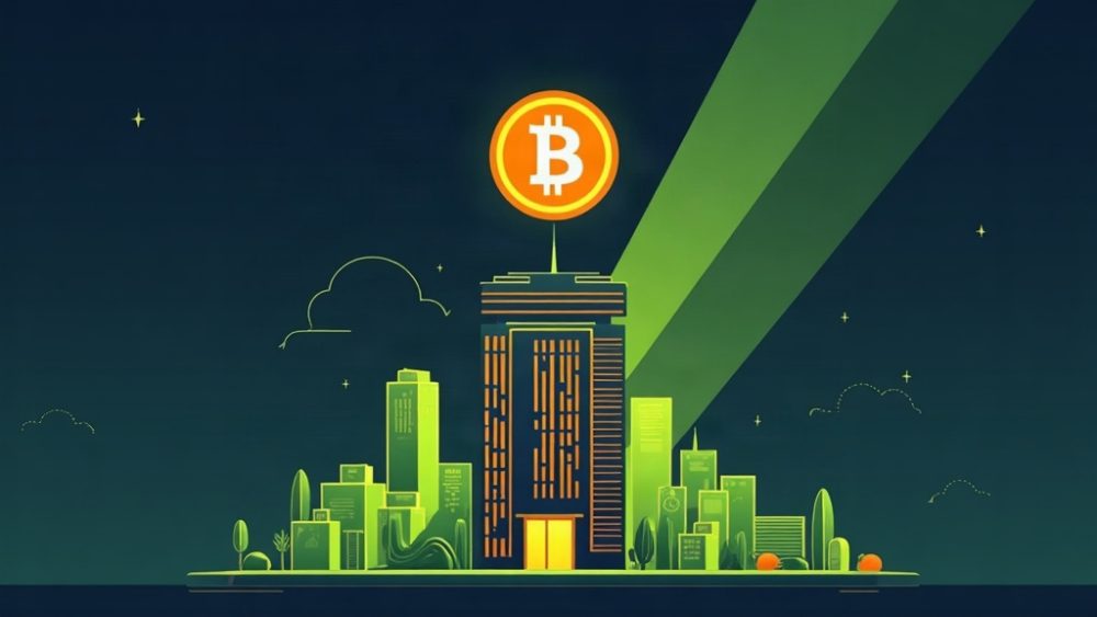Edificio corporativo con símbolo BTC y flecha ascendente