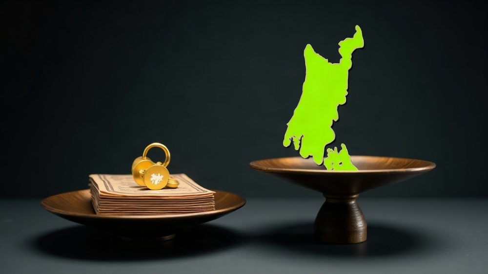 Balanza de justicia con mapa de Tailandia y wallet cripto con documentos