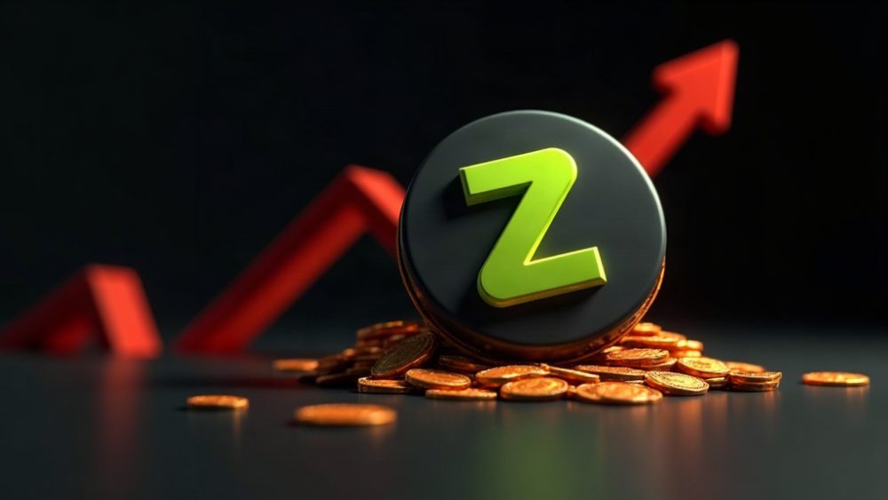 Gráfico de Zcash con flecha bajista y fichas cayendo