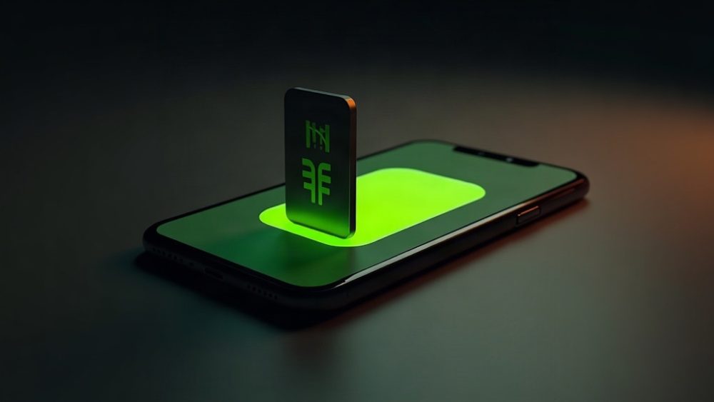 iPhone con pantalla agrietada y silueta de wallet atravesada por sombra oscura