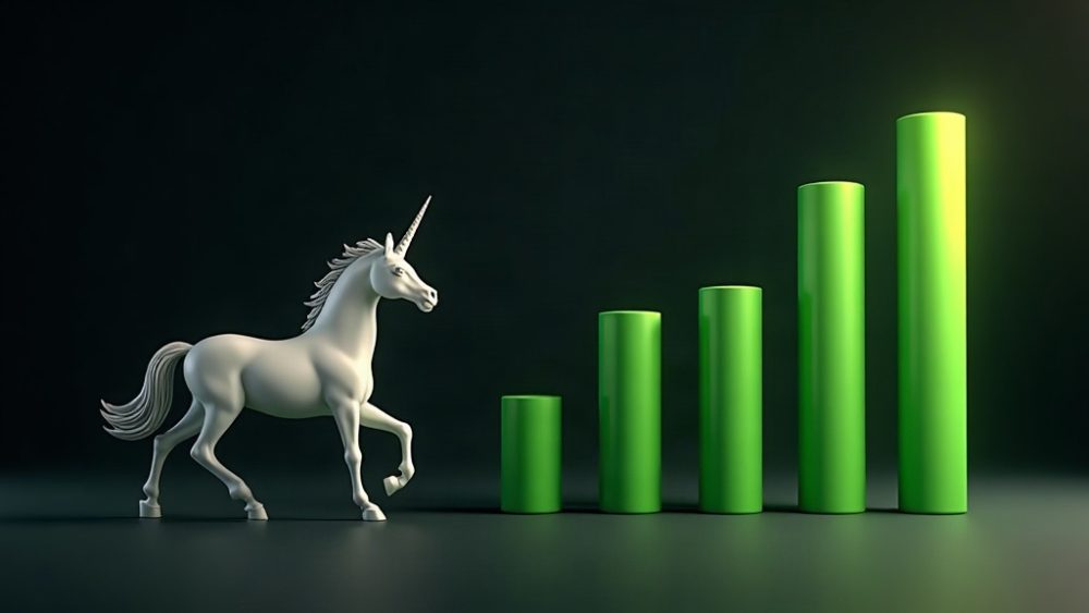 Unicornio de Uniswap con flecha ascendente y gráfico de barras verdes mostrando rally de 39%