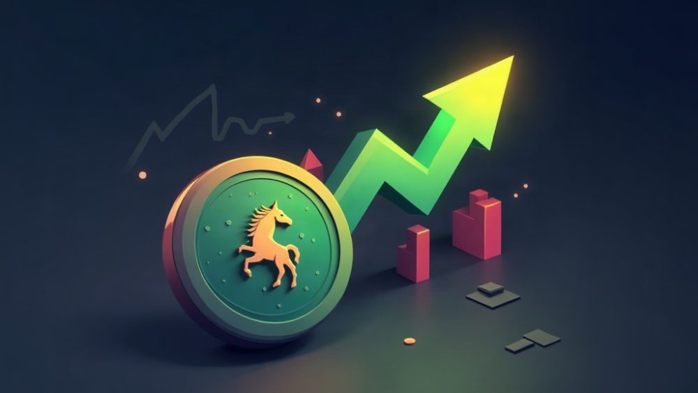Token UNI junto a flecha ascendente y gráfico alcista