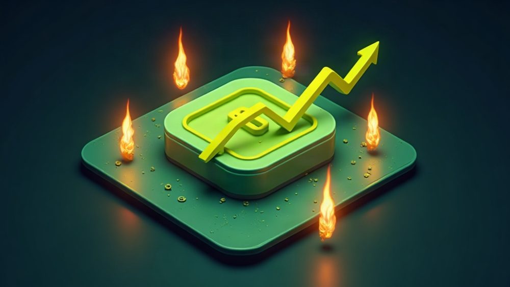 Token UNI rodeado de llamas con flecha ascendente y gráfico de barras