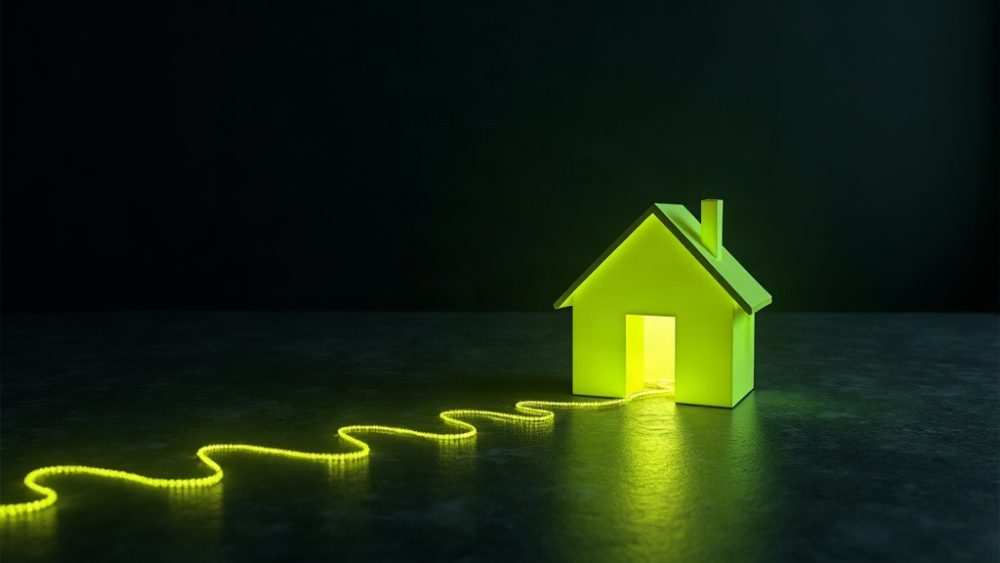 Casa residencial conectada a cadena de bloques representando tokenización hipotecaria