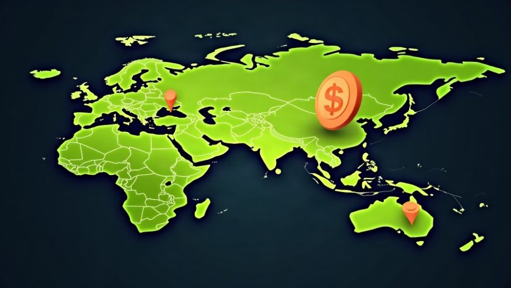 Documento de bono junto a símbolo de moneda digital sobre mapa de Asia Central
