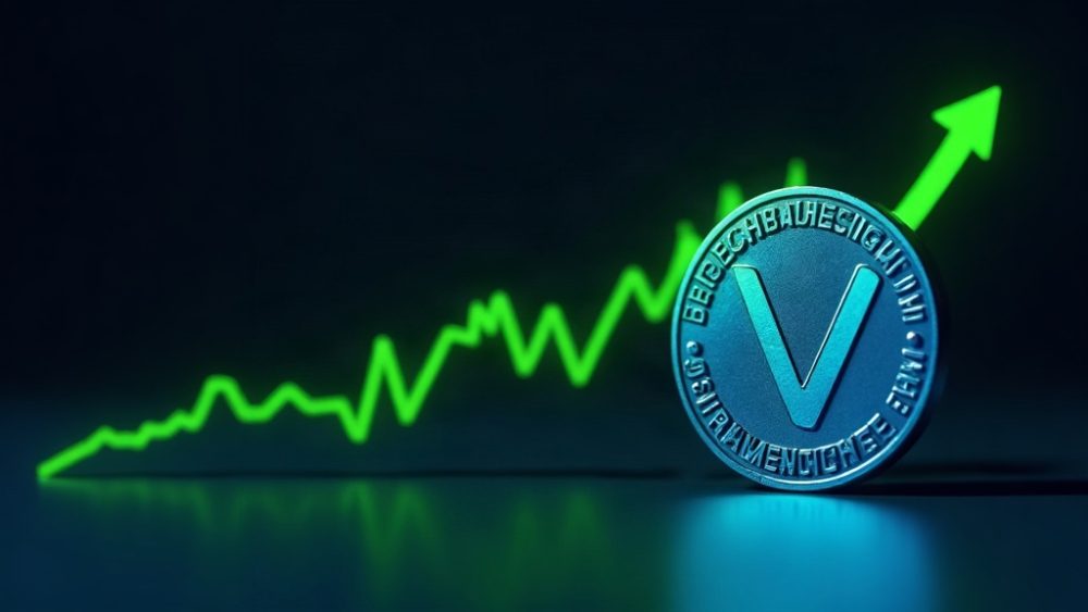 Token de VeChain con flecha ascendente y gráfico de velas alcistas
