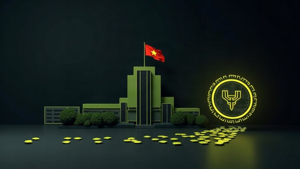 Edificio gubernamental vietnamita con cadena de bloques y token digital representando regulación RWA