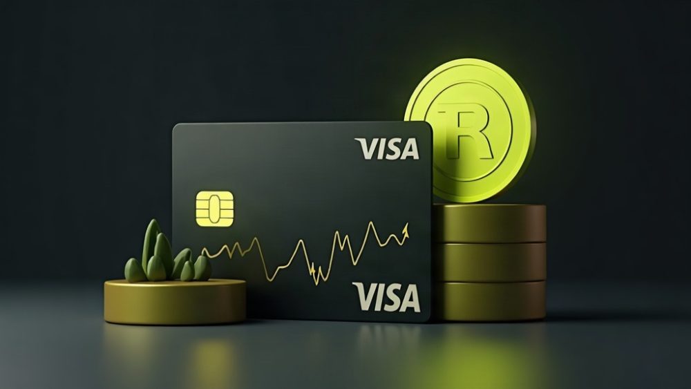 Tarjeta Visa junto a token stablecoin y gráfico de crecimiento de volumen