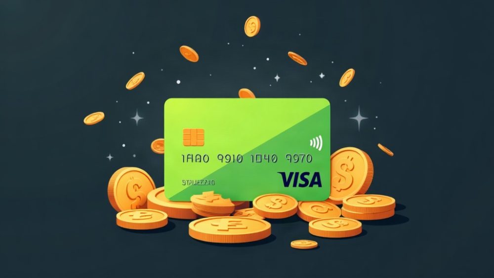 Tarjeta Visa con monedas stablecoin y flechas de flujo de pagos