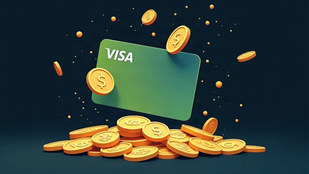 Tarjeta Visa con monedas stablecoin en cascada representando pagos cripto