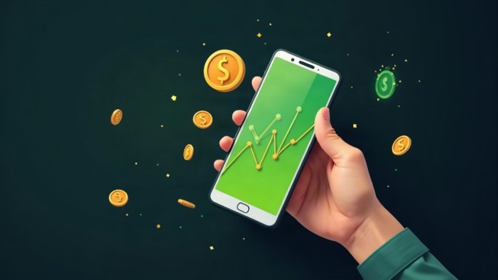 Mano con teléfono mostrando gráfica ascendente mientras monedas doradas vuelan de la pantalla