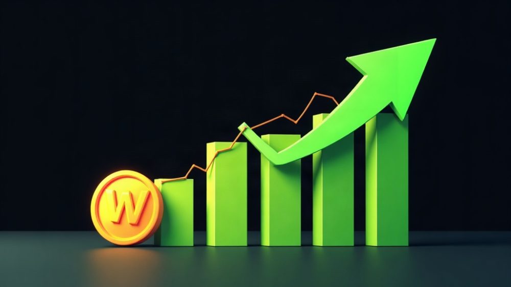 Moneda Worldcoin con flecha ascendente y gráfico de volumen