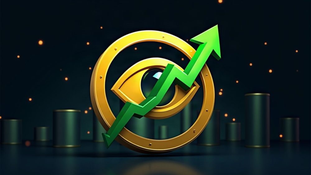 Token de Worldcoin con flecha ascendente y gráfico de volumen