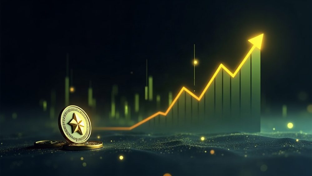 Moneda XLM con flecha ascendente hacia $0,19 y gráfico de volumen