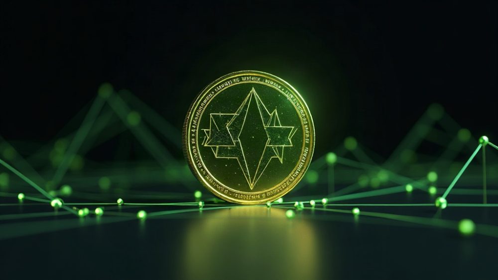 Moneda XLM y stablecoin USDT conectados por cadena luminosa con nodos de red