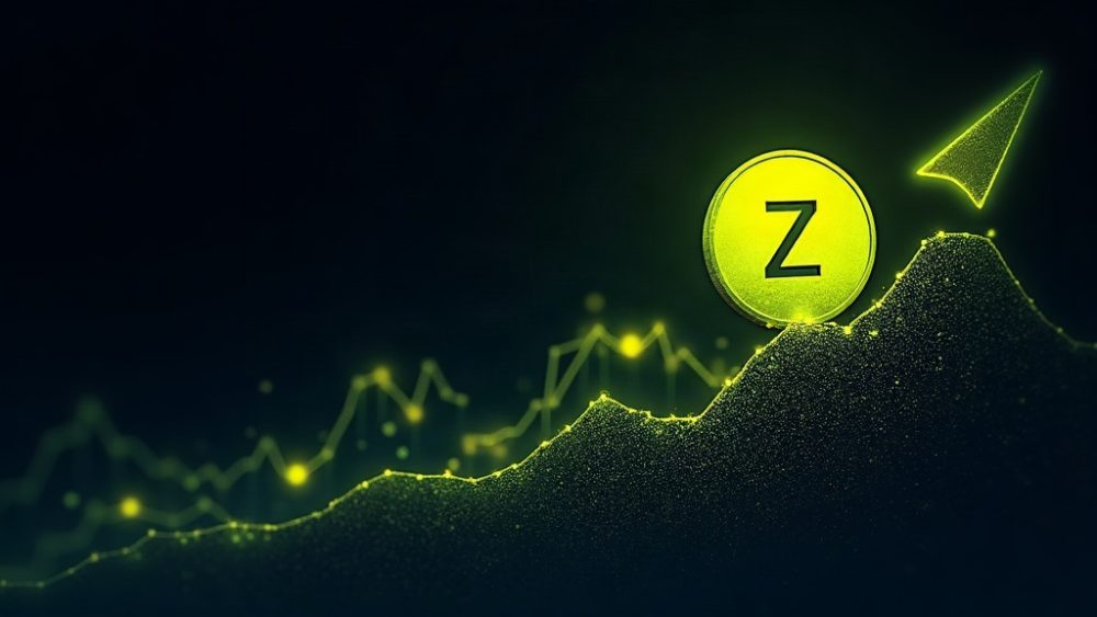 Moneda Zcash elevándose sobre gráfico de velas rompiendo resistencia de 2016