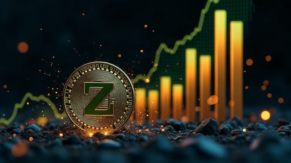 Moneda Zcash atravesando barrera de $1000 con gráfico alcista y cierre forzado de posiciones cortas