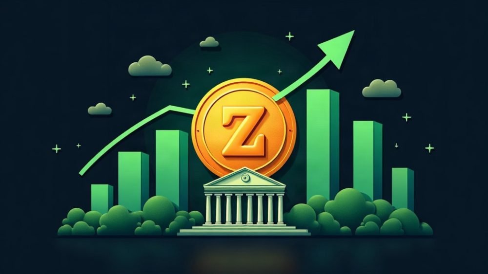 Moneda Zcash con escudo de privacidad, gráfico ascendente y edificio de bolsa