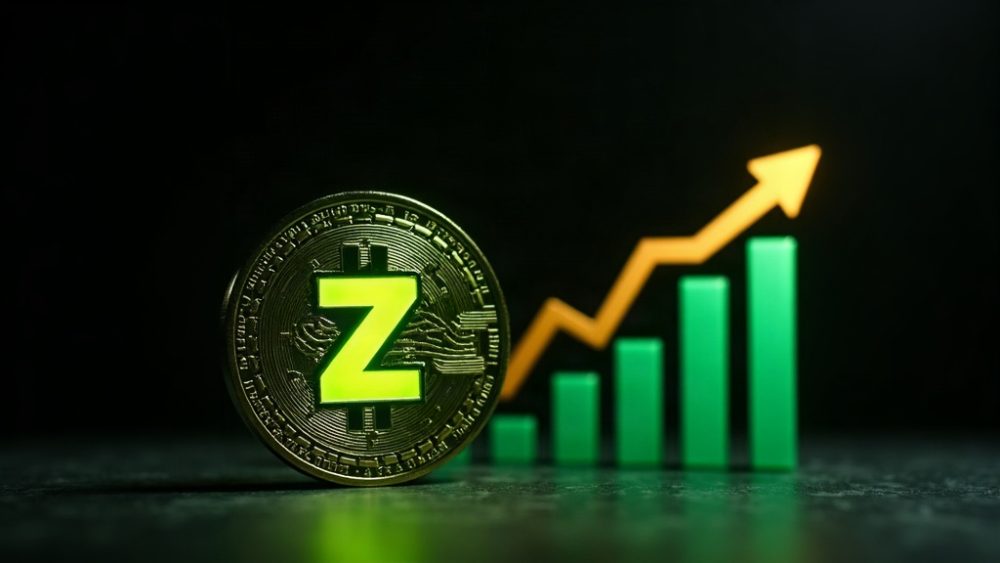 Moneda Zcash con flecha ascendente y gráfico de velas verdes