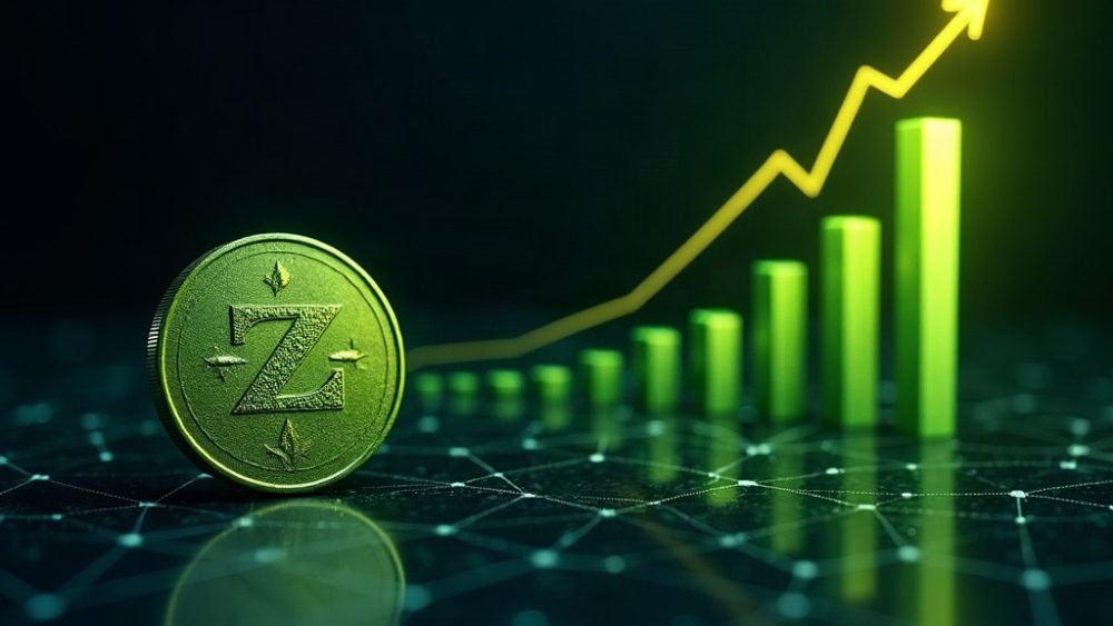 Moneda Zcash con flecha ascendente y gráfico de crecimiento del 100%